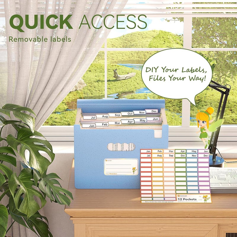 EcoStash Accordion File Organizer, 12 Pockets Wheat Straw Expanding File Folder, Portable Monthly Paper Bill Tax Receipt Organizer, Letter A4 Size Document Holder，Green Office with Colorful Tab，UN Blue - Image 3
